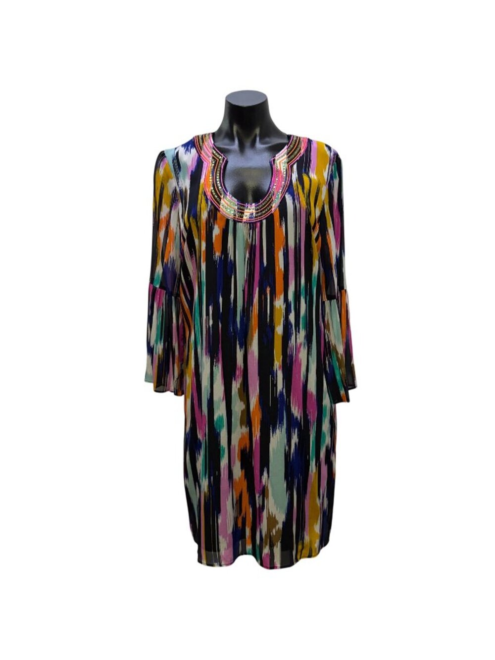 Trina Turk Multicolor Printed Dress With Bell Sleeves Size M